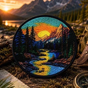 Könnte beinhalten: Ein runder bestickter Aufnäher mit einer lebendigen Landschaftsszene, die eine goldene Sonne hinter zerklüfteten Bergen, einen dichten Wald aus dunkelblauen Kiefern und einen gewundenen Fluss zeigt, der gelbes und blaues Licht reflektiert.