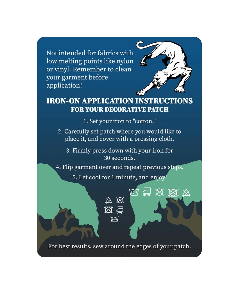 May include: A blue rectangular card with instructions for applying an iron-on decorative patch. The card features a white panther illustration and text detailing the application process, including ironing time and fabric care.