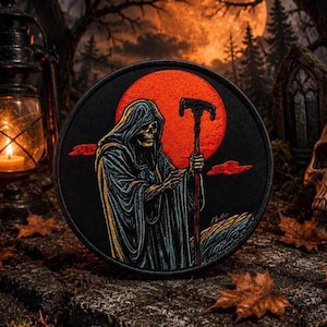 Grim Reaper Patch Iron-on Applique for Jacket, Clothing, Backpack, Tote Bag, Vest, red moon, death figure, horror design, scythe symbol