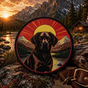 Peut inclure: Un écusson brodé circulaire représentant un chien brun centré sur un paysage de montagnes, un lac et un soleil jaune vif. Le motif comprend des rayons rouges rayonnant du soleil, avec une bordure noire encadrant la scène extérieure détaillée.