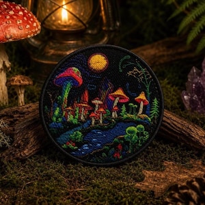May include: A circular embroidered patch featuring a vibrant nocturnal forest scene with colorful mushrooms, a winding blue stream, and a bright yellow moon set against a black background, finished with a solid black stitched border edge.