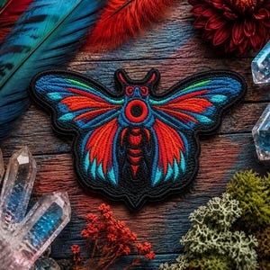 May include: An embroidered patch featuring a stylized moth with a black base, vibrant red and bright blue wing patterns, and a central red circular eye-like design on the thorax, outlined with a thick black border and intricate stitching.