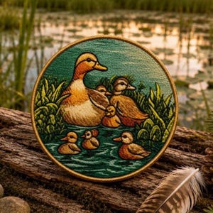 May include: A circular embroidery hoop art piece featuring a detailed thread-stitched scene of a mother duck and five ducklings swimming in a pond surrounded by green reeds. The ducks are rendered in shades of brown, tan, and yellow.