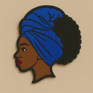 Fly Nubian Blue &quot;Headwrap,&quot; 4-inch, Iron-on Embroidered Afrocentric Patch; Cute Black Girl Patch; DIY Patch, Craft Supplies