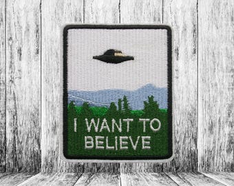 UFOパッチ/アイロン接着パッチ/I Want To Believe/空飛ぶ円盤/エリア51のエイリアン/X-ファイル/衣類ベスト/ジャケットバックパック用刺繍縫い付けアップリケ