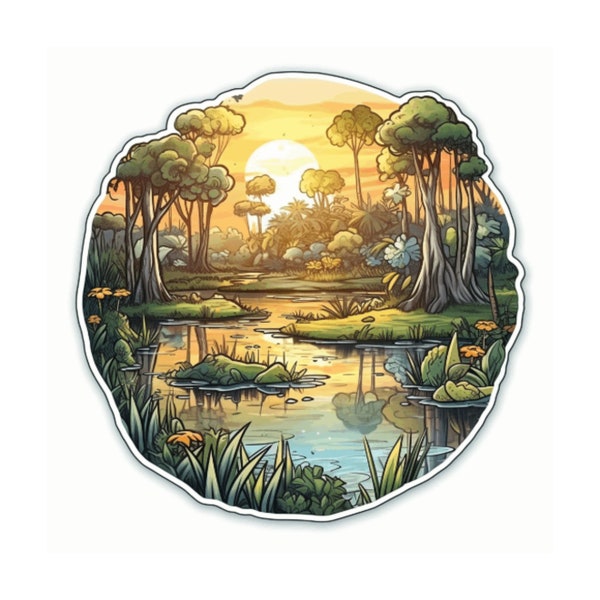 Swamp Scene Sticker, Bayou Sticker, Vinyl Stickers Decals, Nature Decal for Car Truck Window Bumper Graphics, Sunset, Wetlands, Marsh