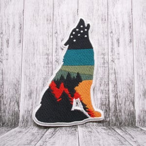 Wolf Patch Embroidered Iron-on Applique for Jacket, Clothing, Backpack, Tote Bag, Vest, wild animal badge, forest night scene, starry sky