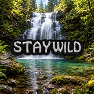 May include: A black embroidered patch with a scalloped edge featuring the white text STAY WILD in a bold, sans-serif font, positioned over a scenic view of a cascading waterfall flowing into a clear, rocky pool surrounded by lush green forest.
