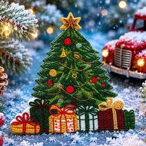 May include: A festive Christmas tree patch with a gold star, red ornaments, and wrapped gifts. A red vintage truck is in the background, covered in snow. Pine branches and berries add to the holiday scene.