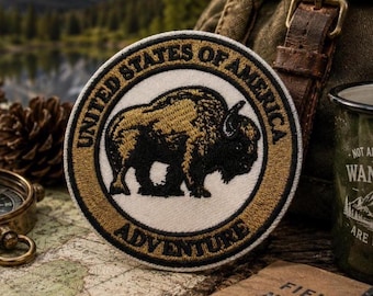 American Bison Patch Embroidered Iron-on Applique for Jacket, Clothing, Backpack, Tote Bag, Vest, prairie icon, rugged trail, USA explorer