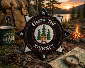 Disfrute del viaje Parche de brújula bordado termoadhesivo para chaqueta, mochila, chaleco, insignia de aventura de camping, recuerdo de viaje de fogata