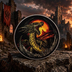 May include: Round embroidered patch featuring a detailed dragon with open mouth, set against a fiery sunset and mountain backdrop. The dragon is primarily yellow and green, with a black border. The patch is likely for clothing or accessories.