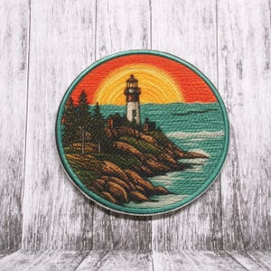 Lighthouse Patch Iron-on/Sew-on Applique for Clothing Vest Backpack, Nautical Badge, Beach, Ocean Waves, Nature Emblem, Sailor, Beacon