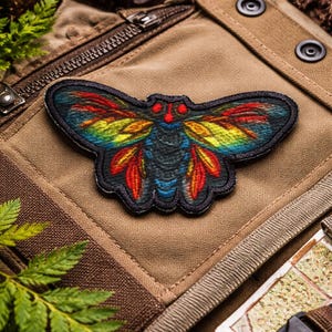 May include: A colorful moth patch with a black border, featuring a vibrant design of rainbow wings and a dark blue body. The patch is set against a tan canvas background, with a zipper and other accessories visible.