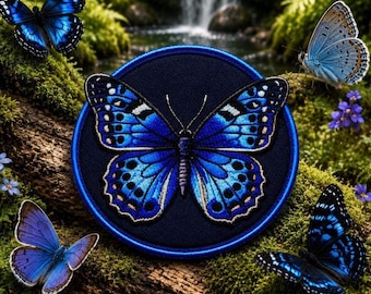 Blue Butterfly Patch/Iron-on Patch/Nature Badge/Garden Insects & Wildflowers/Sew-On Applique for Clothing Vest/Jacket Hats Backpack Tote Bag