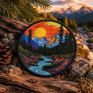 May include: Round embroidered patch featuring a scenic landscape with a river, mountains, and a sunset. The patch has a black border and is set against a natural background of wood, rocks, and greenery. The colors include orange, blue, green, and yellow.