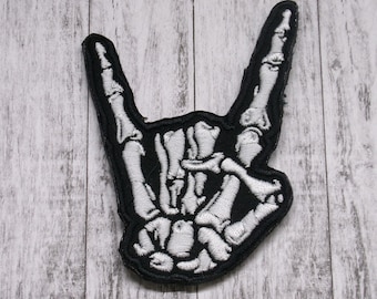 Rock On Skeleton Hands Patch Embroidered Iron-on/Sew-on Applique for Vest Jacket Bag Clothing Backpack Motorcycle Vest, Biker, Halloween