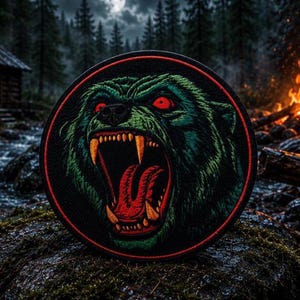 Pode incluir: Um emblema bordado circular apresentando uma cabeça de urso a rosnar com olhos vermelhos brilhantes, presas amarelas afiadas e uma textura de pelo verde escuro. O design é contornado por uma borda vermelha fina sobre um fundo preto.