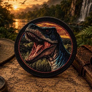 Könnte beinhalten: Ein kreisförmiger bestickter Aufnäher mit dem detaillierten Profil eines blau-schwarzen Dinosauriers mit offenem Maul vor einem Hintergrund aus Sonnenuntergang, üppigem grünem Dschungel und einem Wasserfall, eingefasst von einem dicken schwarzen Rand.