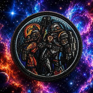 Pode incluir: Remendo bordado circular com duas figuras em trajes espaciais contra um fundo de nebulosa vibrante. O remendo, com costuras detalhadas em laranja, azul e preto, representa um tema de ficção científica.