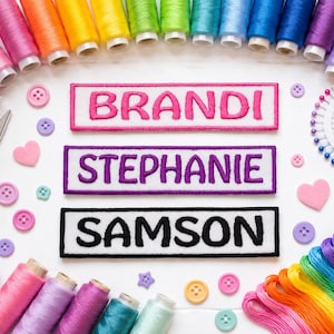 May include: Three rectangular embroidered name patches featuring the names BRANDI in pink, STEPHANIE in purple, and SAMSON in black. The patches are surrounded by colorful sewing thread spools, buttons, scissors, and a pin cushion.