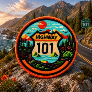 Może przedstawiać: Haftowana naszywka z krajobrazem. Naszywka zawiera napis "HIGHWAY 101" w kształcie znaku drogowego, z krajobrazem gór i drzew, czerwonym słońcem i błękitnym niebem. Naszywka jest okrągła z pomarańczową obwódką.