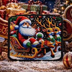 Può includere: Toppa ricamata raffigurante Babbo Natale sulla sua slitta, trainata da renne, contro un cielo notturno innevato. Babbo Natale indossa un abito e un cappello rossi con barba bianca. La toppa ha un bordo nero ed è circondata da decorazioni natalizie.
