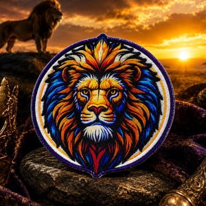Puede incluir: Parche bordado con la cara de un león detallada en colores vibrantes: naranja, azul y amarillo. La melena del león está intrincadamente diseñada, sobre un fondo de puesta de sol. El parche es redondo con un borde blanco y morado.