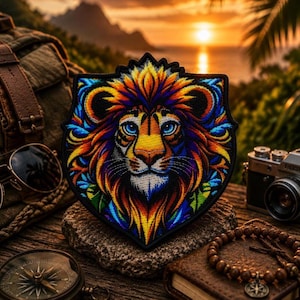 Puede incluir: Parche bordado colorido con la cabeza de un león y una melena vibrante en tonos naranja, amarillo, azul y verde. El parche se encuentra sobre un fondo de puesta de sol sobre el océano, con una cámara vintage y una brújula.