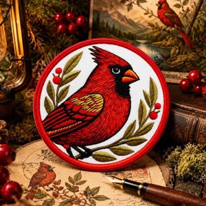 Cardinal Patch/Iron-on Patch/birdwatching patch, nature explorer badge, woodland bird/Sew-On Applique for Clothing, Jacket/Vest, Backpack