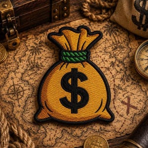 Puede incluir: Un parche bordado con forma de bolsa de dinero, que presenta una tela de color amarillo dorado con un prominente signo de dólar negro en el centro y un lazo verde anudado en la parte superior, todo delineado con un borde negro grueso.