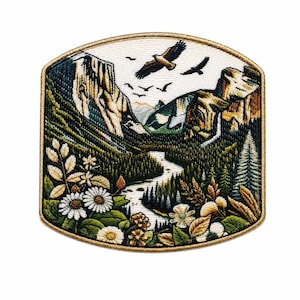May include: Embroidered patch featuring a scenic mountain landscape with a river, trees, and flying birds. The patch has a gold border and includes detailed depictions of flowers and foliage. The design evokes a sense of nature and adventure.