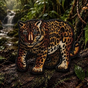 May include: An embroidered patch featuring a detailed jaguar with a golden-brown coat covered in black rosettes and spots. The big cat is depicted in a standing profile position with green eyes, a dark nose, and a stitched black border outline.