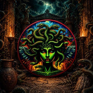 May include: A circular wall art piece featuring a vibrant green Medusa with snakes for hair, set against a dark, stormy background with stone pillars, flaming torches, and winged statues, all framed within a bold red circular border.