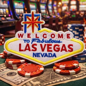 May include: A colorful image featuring a "Welcome to Fabulous Las Vegas Nevada" sign, dice, poker chips, and US currency. The sign is white with red and blue text, and a yellow border. Stacks of red and blue chips are visible.