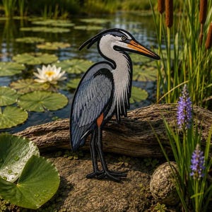 Puede incluir: Parche bordado de una garza azul. El parche presenta tonos grises, blancos, negros y naranjas, con costuras detalladas. El ave está de pie sobre un tronco frente a un estanque con nenúfares y juncos.