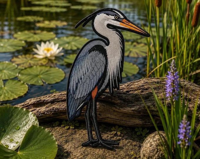 Huge Great Blue Heron Bird Iron on Patch/Bird Badge/Nature & Bird Watching/Sew-On Applique for Clothing Vest/Jackets Backpack Tote Bag