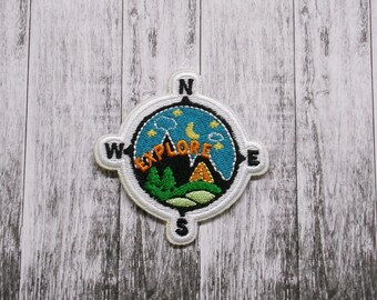 Explore Patch/Iron-On Patch/Compass Direction/Nature Badge/Camping & Hiking/Embroidered Sew-on Applique for Clothing Vest/Jacket Backpack