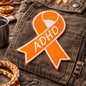 ADHD Awareness Support Orange Ribbon Patch/Iron-On Patch/Fundraiser Gift/Embroidered Sew-On Applique for Clothing Vest/Jacket Hats