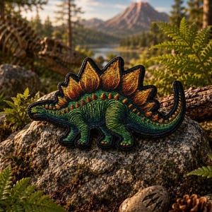 Könnte beinhalten: Ein gestickter Aufnäher in Form eines Stegosaurus-Dinosauriers. Der Dinosaurier hat einen grünen Körper mit strukturierter Stickerei und eine Reihe großer, spitzer Platten auf dem Rücken, die von Dunkelorange zu leuchtendem Gelb verlaufen.