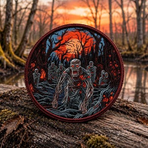 May include: Round embroidered patch featuring a zombie-themed design. The patch depicts zombies in a forest setting with a sunset backdrop. The color palette includes shades of red, blue, and brown.