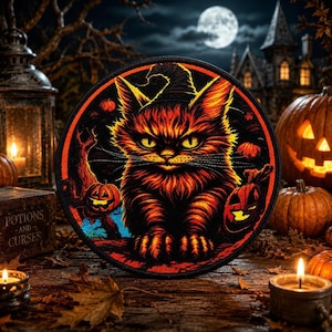 Witchy Cat Patch/Iron-on Patch/Halloween Gift/spooky cat/Glowing Jack-o-lantern/Sew-On Applique for Clothing Costume Trick or Treat Bag