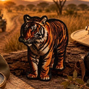 May include: An embroidered patch featuring a tiger with orange, black, and white fur. The tiger is depicted in a standing position, showing detailed stitching that captures the animal's stripes and facial features with a dark border outline.