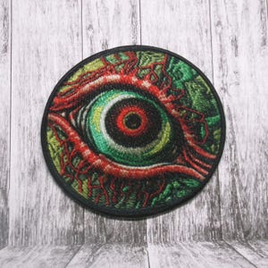 Eyeball Patch Iron-on Applique for Jacket, Clothing, Backpack, Tote Bag, Vest, infected zombie, bloodshot stare, undead horror badge