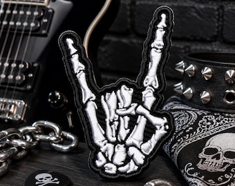 Rock On Skeleton Hands Patch/Iron-On Patch/Biker Vest/Motorcycle Jacket/Halloween/Punk Gothic/Embroidered Sew-on Applique for Clothing, Gear