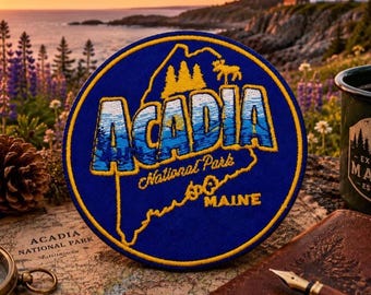 Iron-On Acadia Park Patch/Embroidered Applique for Backpack & Clothing/Hat/Nature Badge/Travel Souvenir/Hiking/Nature Lover/Wildlife Patch