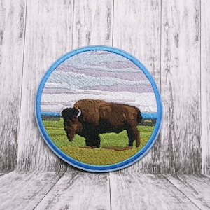 May include: Embroidered patch featuring a brown bison standing in a grassy field with a blue sky and white clouds in the background. The patch is circular and has a blue border.
