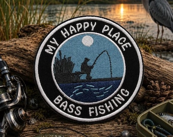 Bass Fishing Patch/My Happy Place/Iron-On Patch/Angler Badge/Embroidered Sew-on Applique for Vest/Jacket, Backpacks, Lake Life, Calm Waters