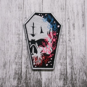 Skull Coffin Patch Embroidered Iron-on Applique for Jacket, Clothing, Backpack, Tote Bag, Vest, creepy cute, floral horror badge, graveyard