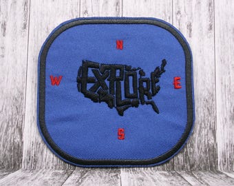 Explore USA Compass Patch Embroidered Iron-on Applique for Jacket, Backpack, Vest, Tote Bag, Clothing, wanderlust badge, travel inspiration